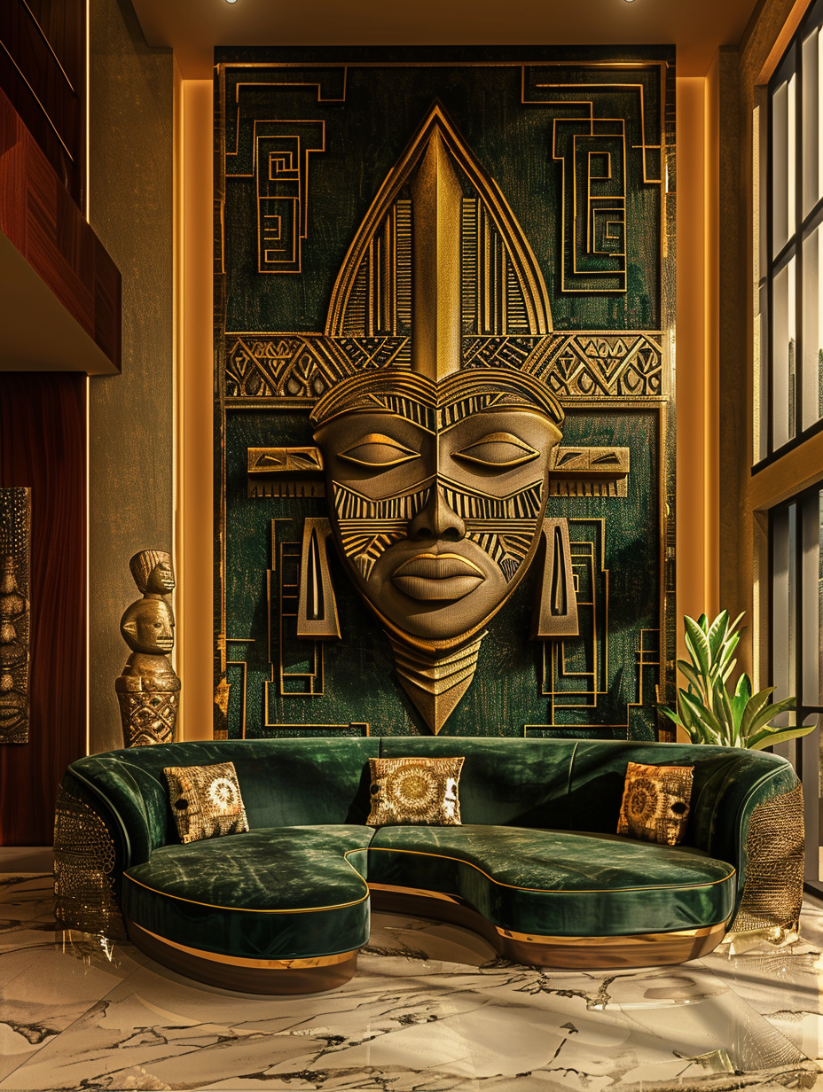 Agemo sculptural relic in an emerald and gold luxury living space