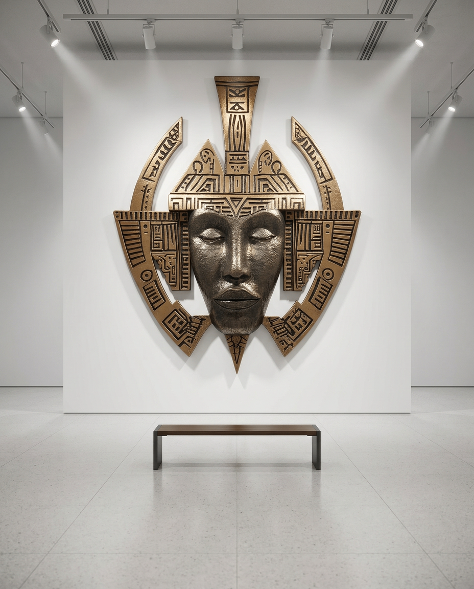 Ifá sculptural relic gallery view with track lighting