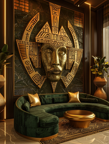 Ifá sculptural relic in luxury emerald and gold interior