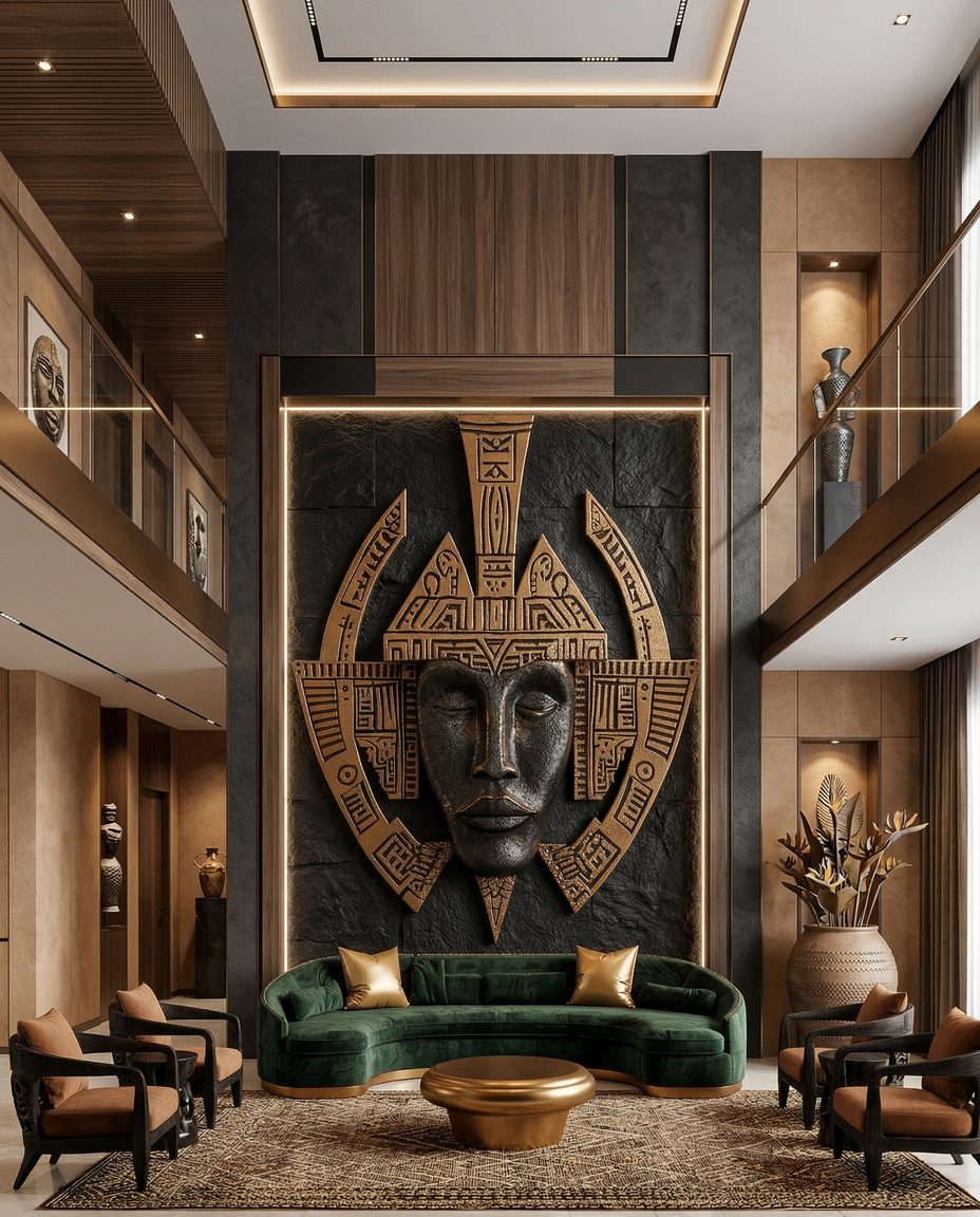 Ifá sculptural relic installed in double-height contemporary space