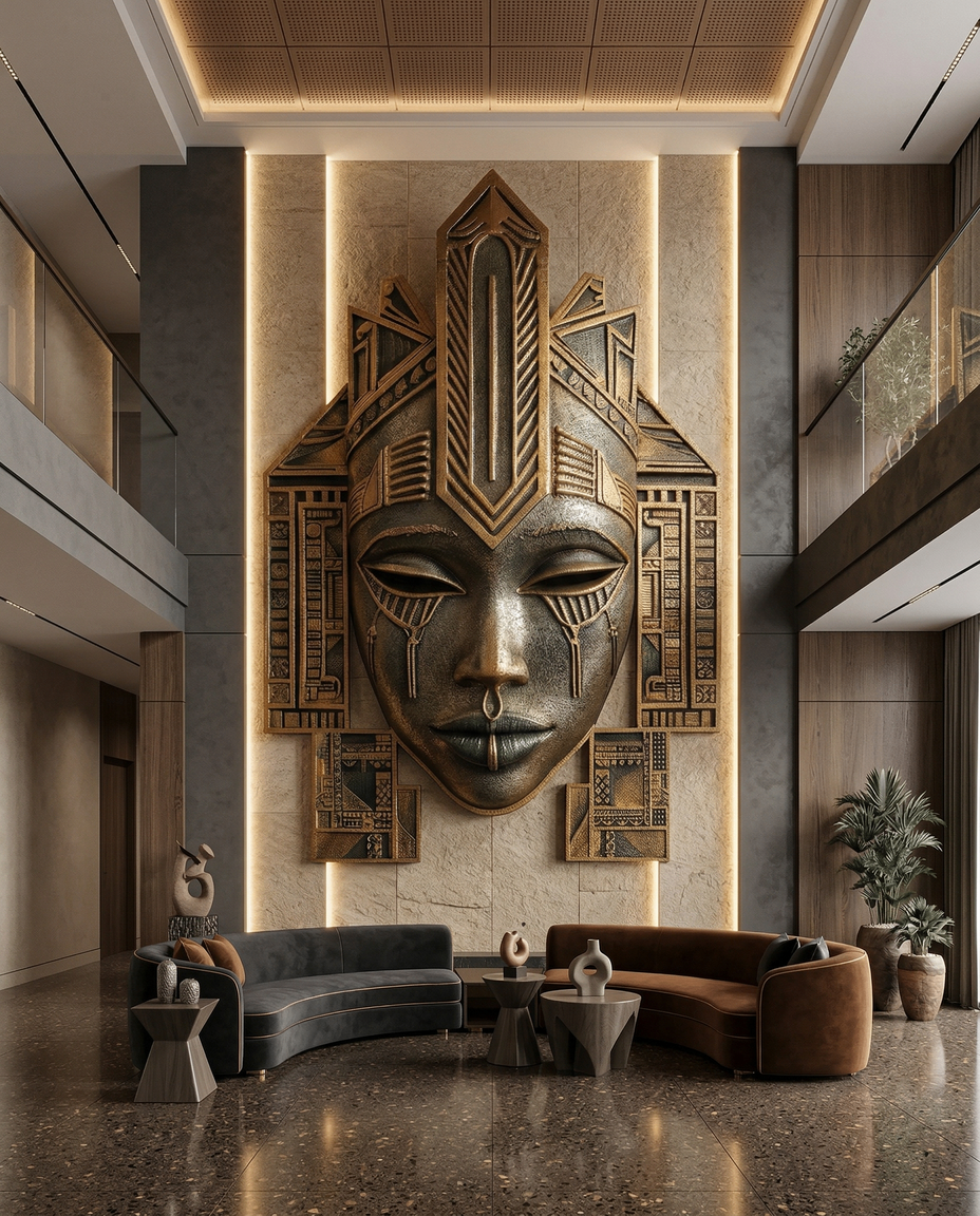 Yemọja sculptural relic in luxury hotel lobby with curved seating