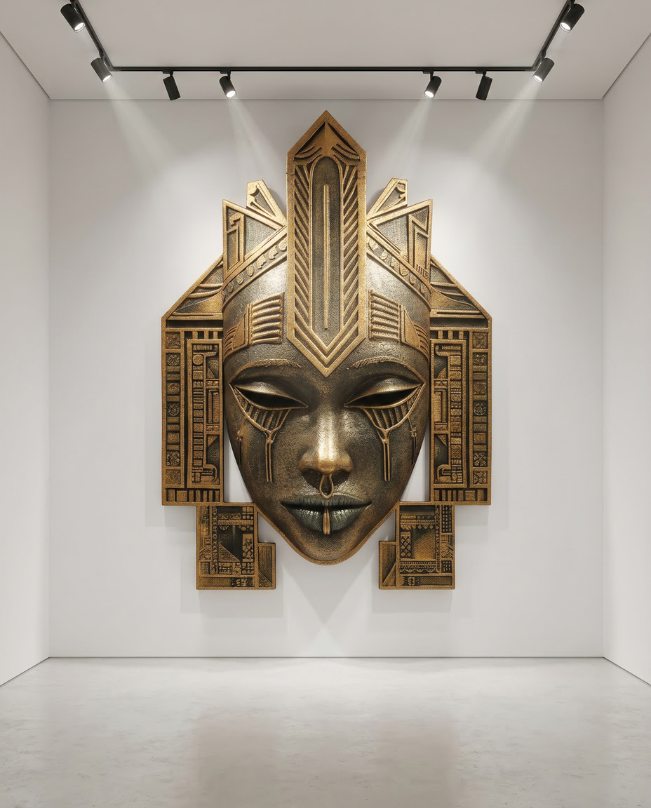 Yemọja sculptural relic gallery view with track lighting