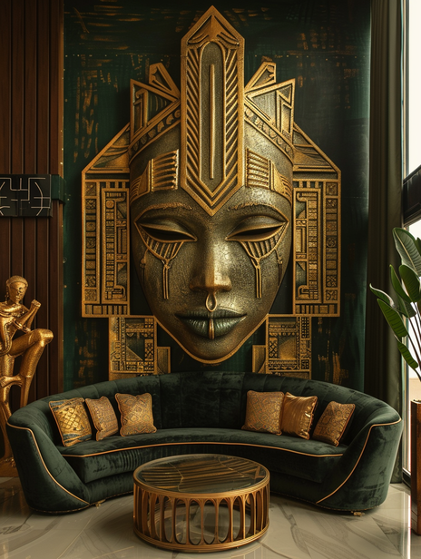 Yemọja sculptural relic in luxury emerald and gold interior
