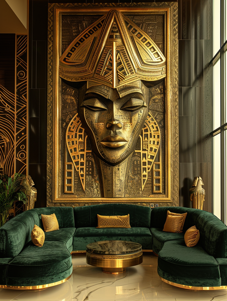 Moremi Àjàsorò sculptural relic in luxury living room with emerald sofas