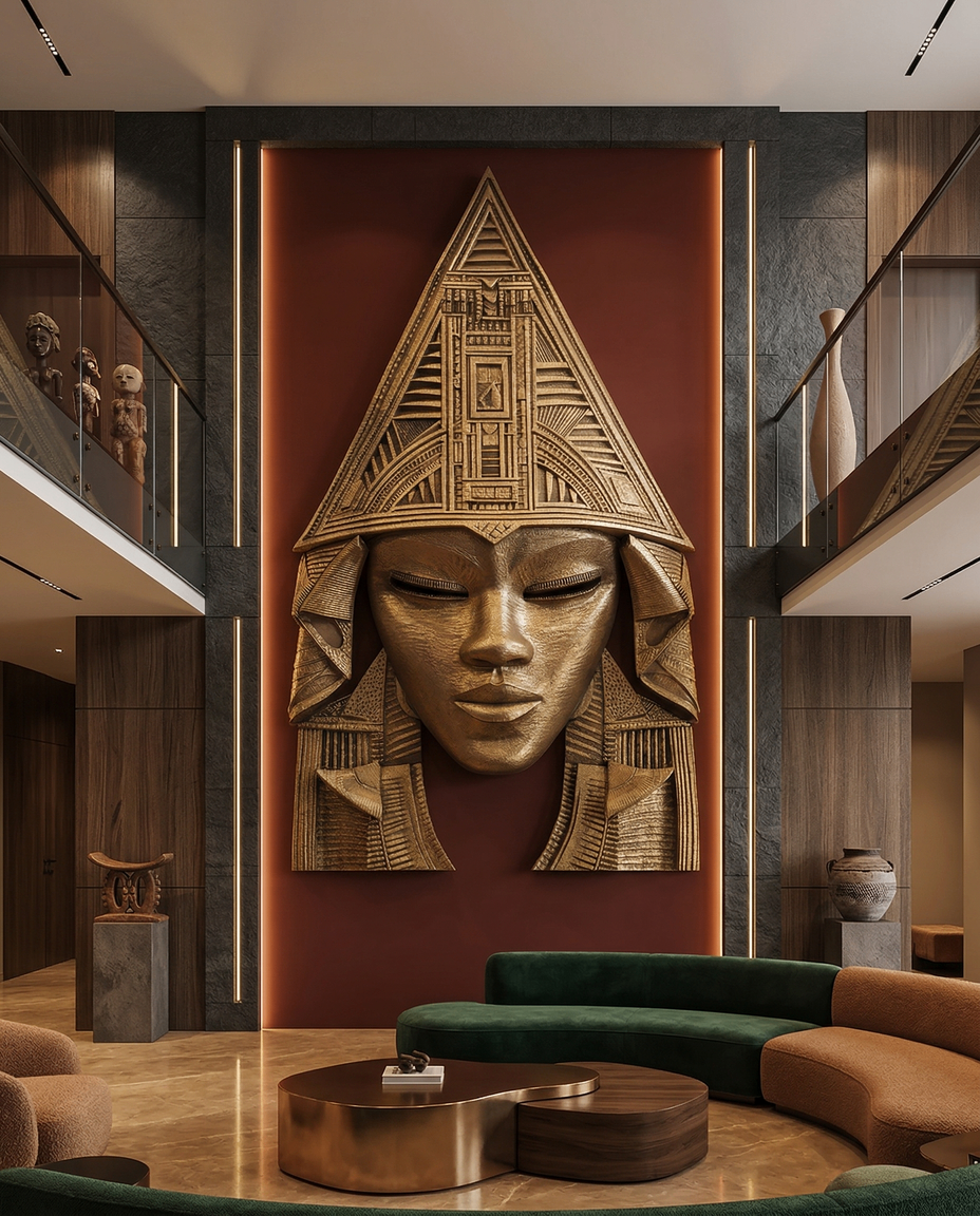 Olokun sculptural relic installed in luxury living room