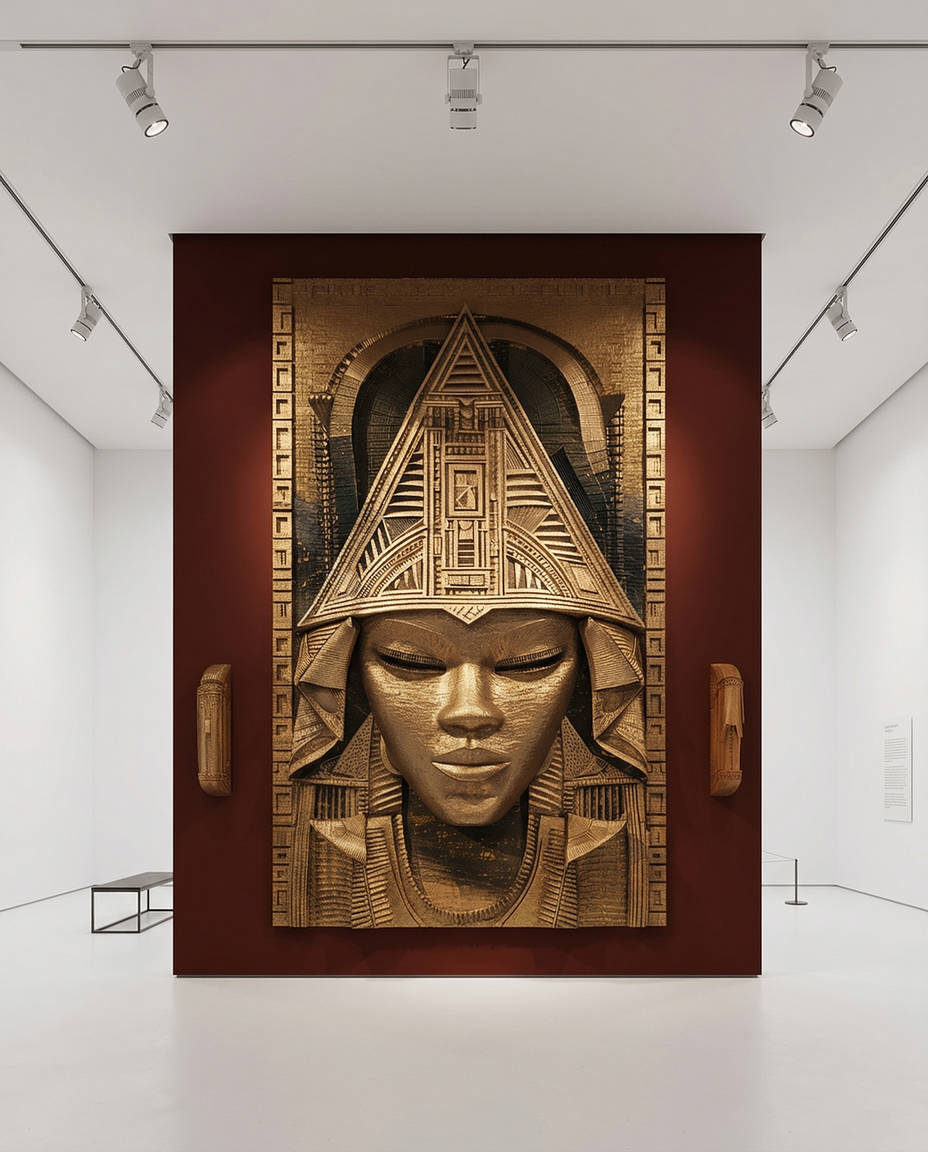 Olokun sculptural relic displayed in gallery setting