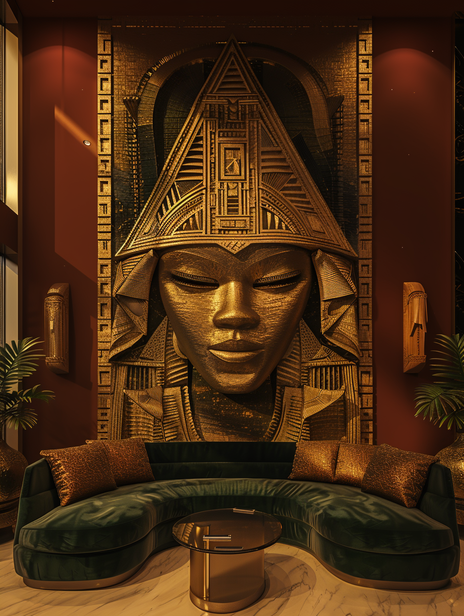 Olokun sculptural relic as centrepiece in interior space