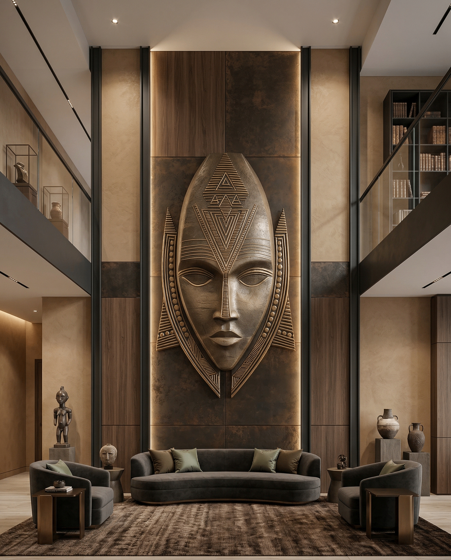 Orunmila sculptural relic installed in a luxury double-height living space