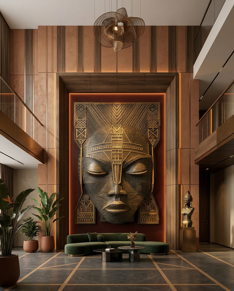 Osun sculptural relic installed in luxury lobby with ambient lighting
