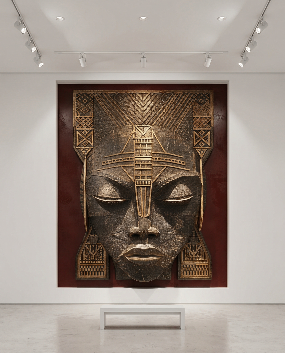 Osun sculptural relic displayed in contemporary gallery setting