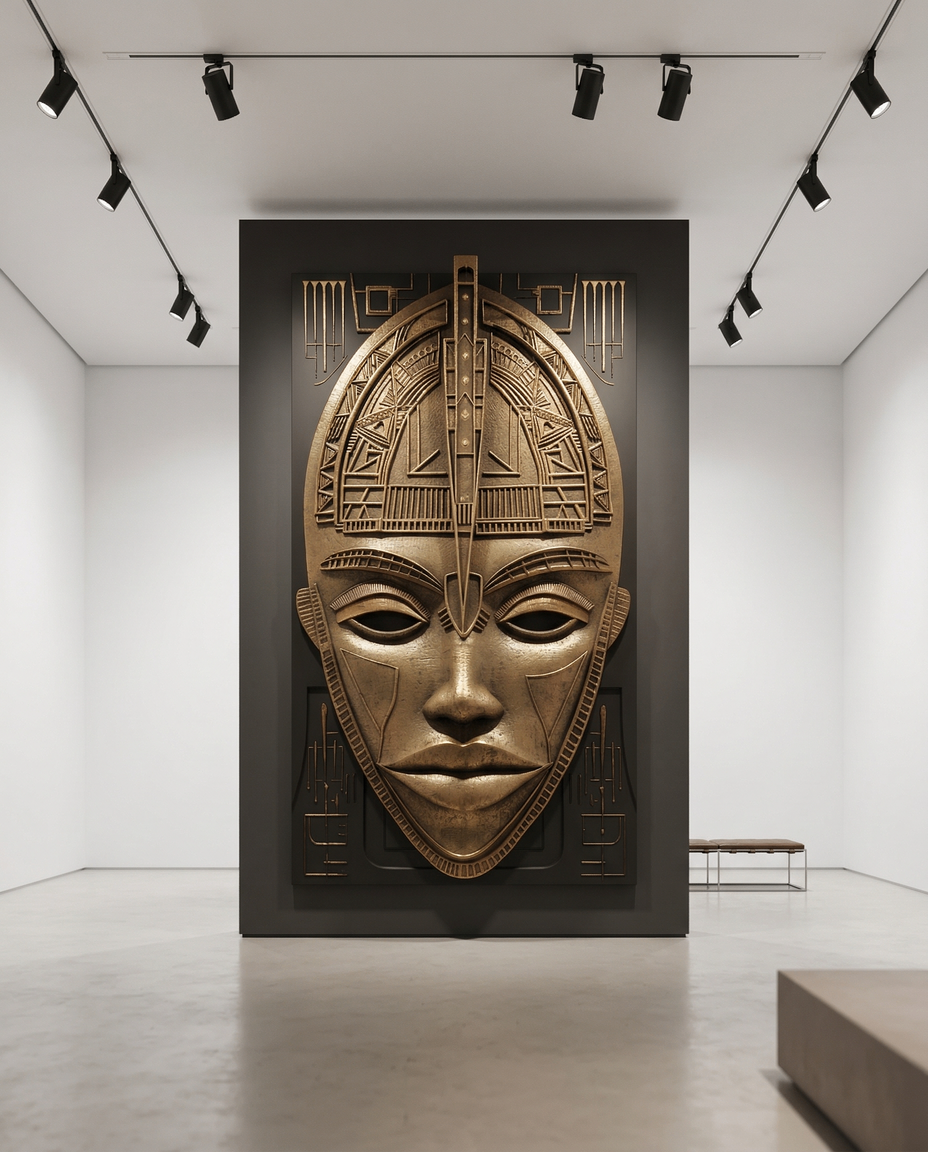 Oya sculptural relic displayed in a modern gallery space