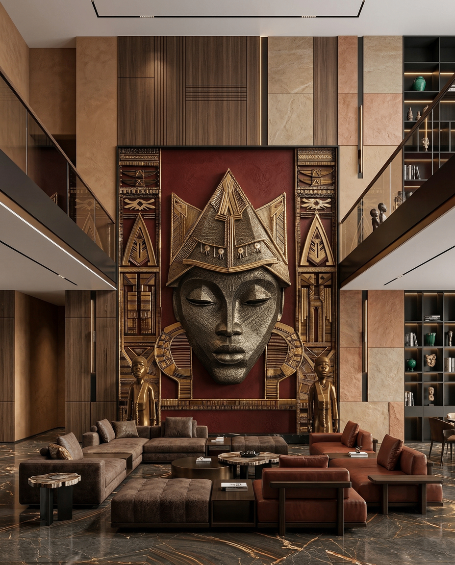 Ṣàngó sculptural relic as centrepiece in grand interior